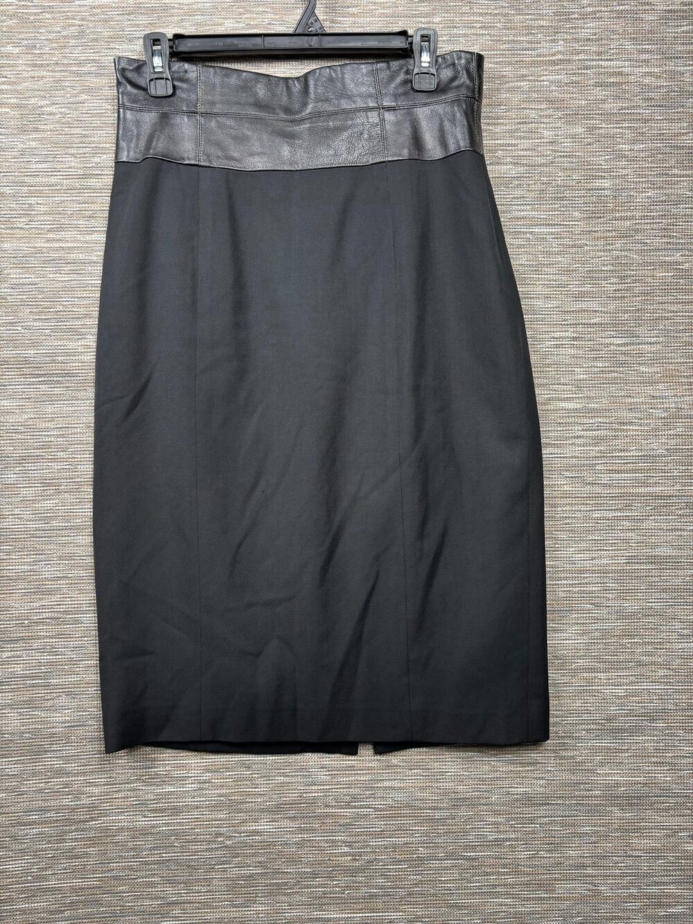 OSCAR De La Renta Skirt Womens 8 Black Wool Leather Waist Pencil Knee Length
